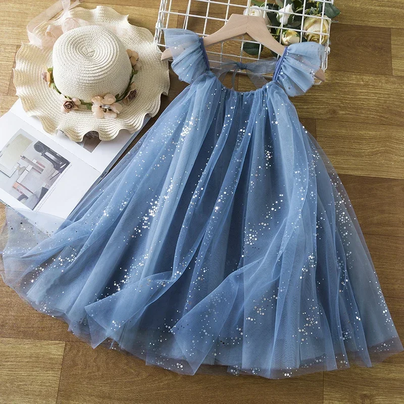 Summer Girls Blue Sequin Princess Dress 3-8 Years Cute Birthday Party Ruffles Mesh Kids Dresses for Girls Holiday Casual Clothes