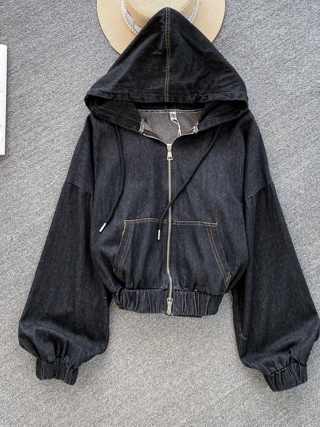 Retro Hong Kong Sle Women's Casual Loose Fit Denim Jaet with Hood Waed Slimming Top for Spring Autumn New Arrival