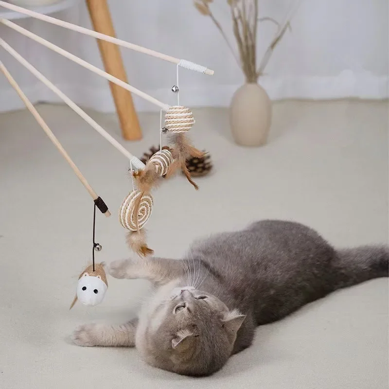 

30PC/Lot Cat Toys Cat Teaser Wood Stick Kitten Funny Mouse Balls Feather Cat Wand Toys Interactive Cat Supplies