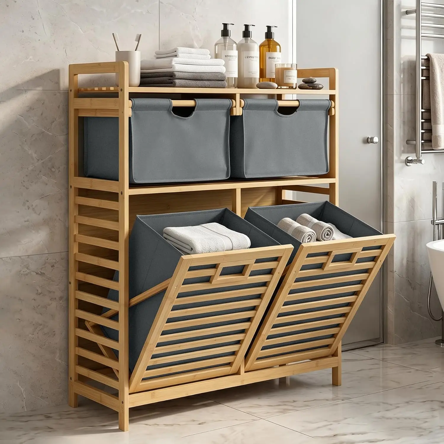 Tilt Out Laundry Hamper Cabinet, Bamboo, Gray & Natural, Customized