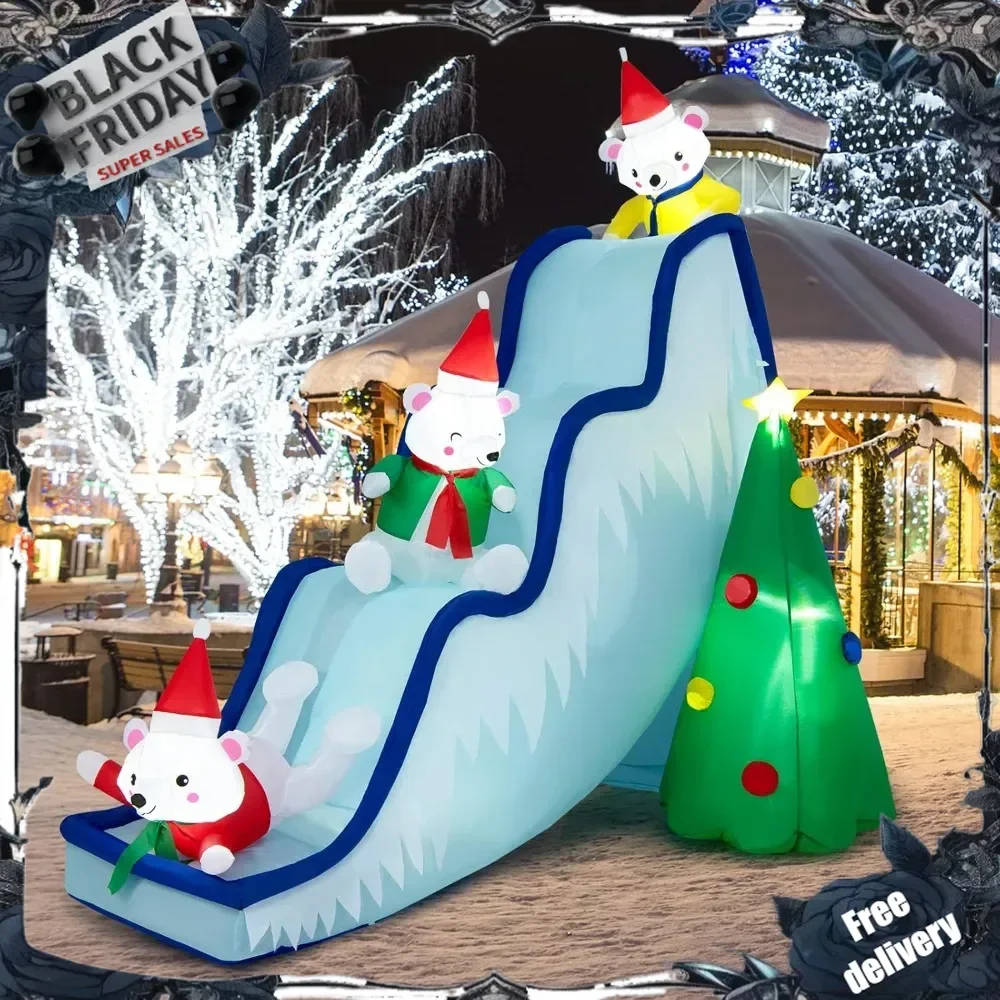 9 FT Christmas Inflatable Polar Bear Slide Scene Decoration, Blowup Christmas Decoration with LED Lights & Ground Stakes