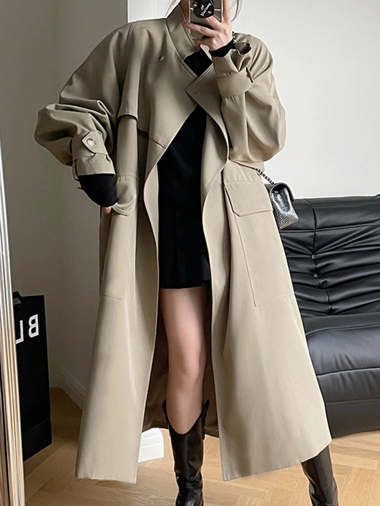 

Vintage Trench Coat Women Autumn Long Windbreaker Female Korean Fashion Elegant Overcoat Ladies Casual Loose Stand Collar Jacket