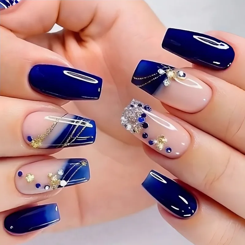 

24PCS Square Fake Nails Blue Gradient Sparkling Diamond Press on Nails European American Fashion Ins Style Removable False Nails