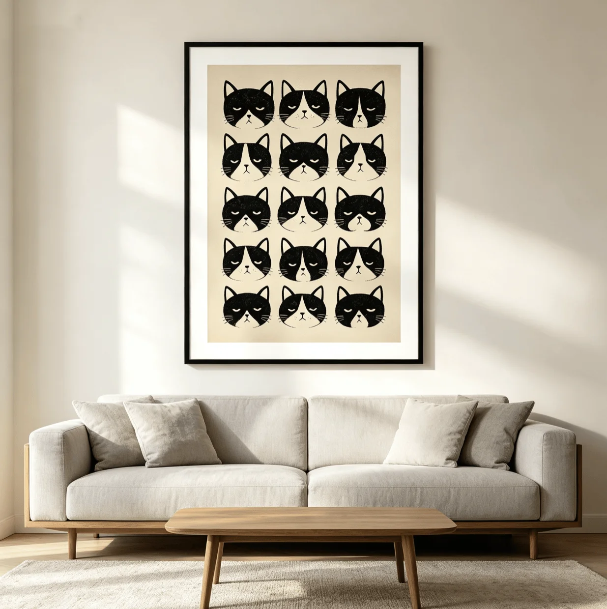 Grumpy Black White Cat Faces Wall Art Canvas Prints, Retro Pet Illustration Posters, Funny Animal Decor for Living Room Bedroom