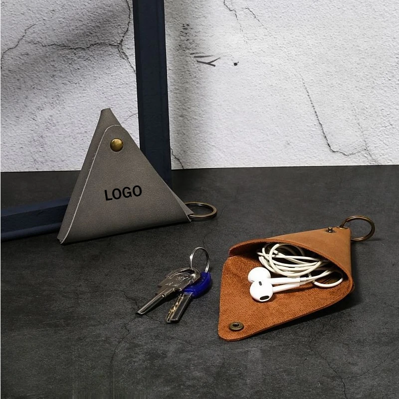 Laser Custom LOGO  Vintage PU Leather Keychain Pendant Carry on Small Change Coin Headphone Storage Bag Company Activity Gift