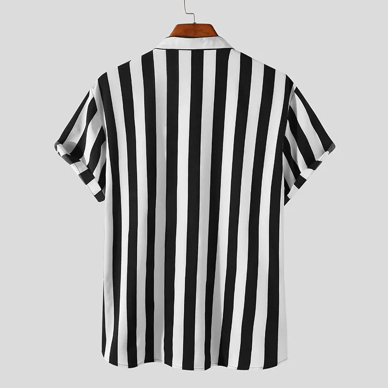 Summer New Mens Black White Vintage Striped Shirts Fashion Casual Stand Collar 90% Cotton Short Sleeve Shirt For Men Oversized