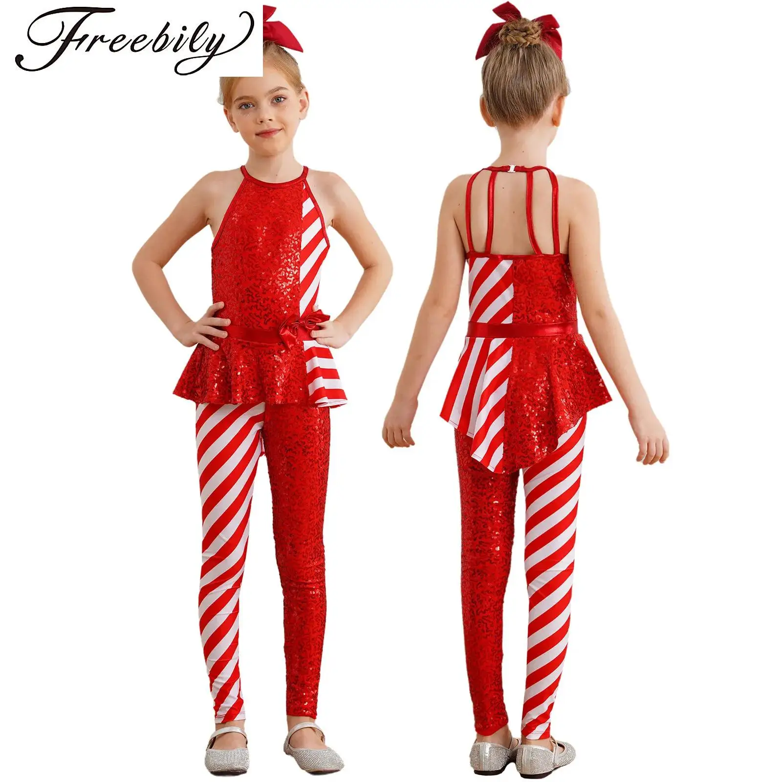 

Girl Candy Cane Christmas Dance Bodysuit Sleeveless Stripe Sequin Gymnastic Jumpsuit One Piece Unitard Xmas Santa Sweetie Costum