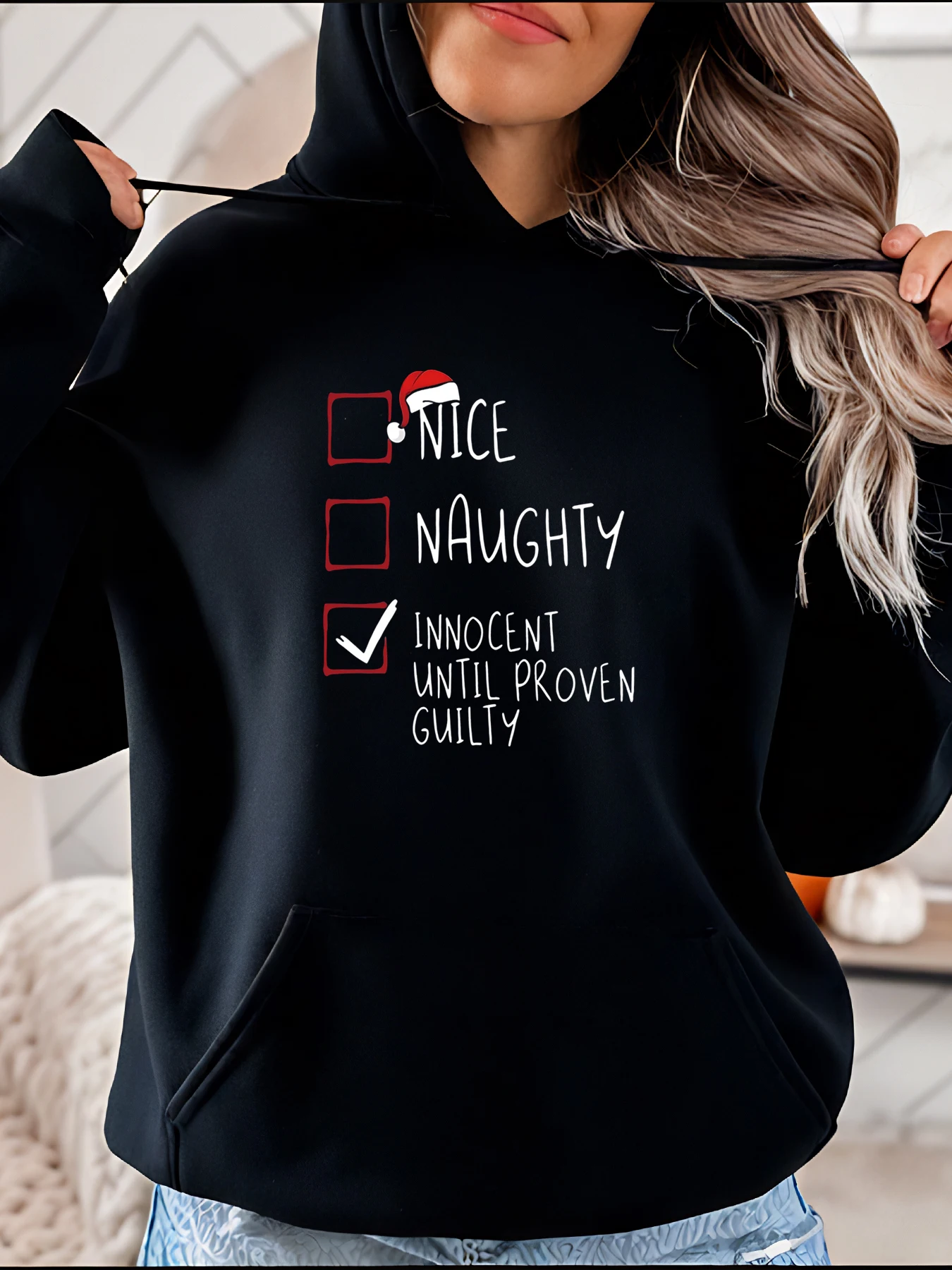 

Рождественская толстовка с принтом контрольного списка в повседневном стиле, дизайн шляпы Санта-Клауса, женская праздничная одежда