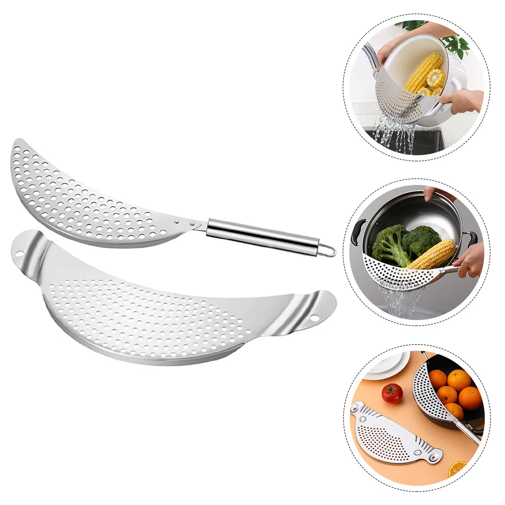 

2 pcs Stainless Steel Pot Strainer Crescent Design With Handle For Draining Pasta Rice Kitchen Tool Hanging Holes