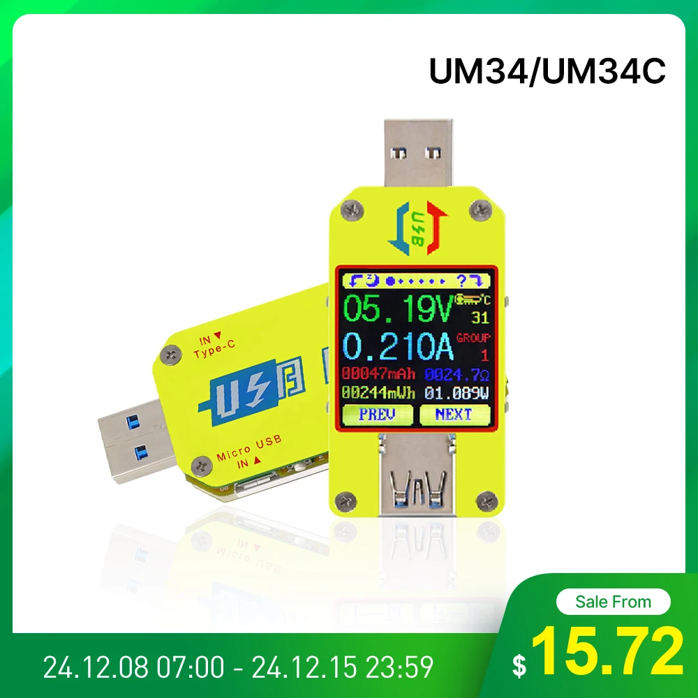 RD UM34 UM34C for APP USB 3.0 Type-C DC Voltmeter ammeter voltage current meter battery charge measure cable resistance Tester