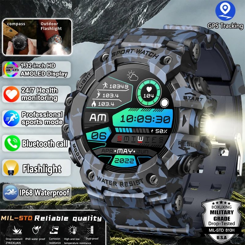 2026 New Military Grade Smartwatches Men IP68 Waterproof Sports Tracker Compass Flashlight Heart Rate Bluetooth Call Smart Watch