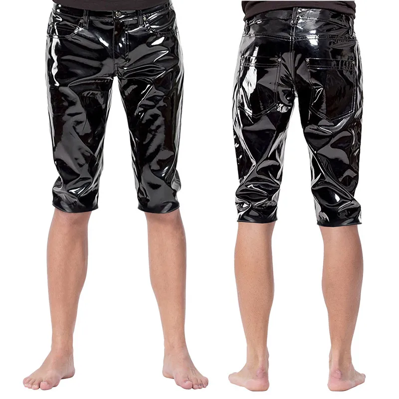 Zwarte Latex Heren Korte Broek Glanzende Wetlook Kunstleer Broek Mode Strakke Broek voor Club Show Rock Band Prestaties