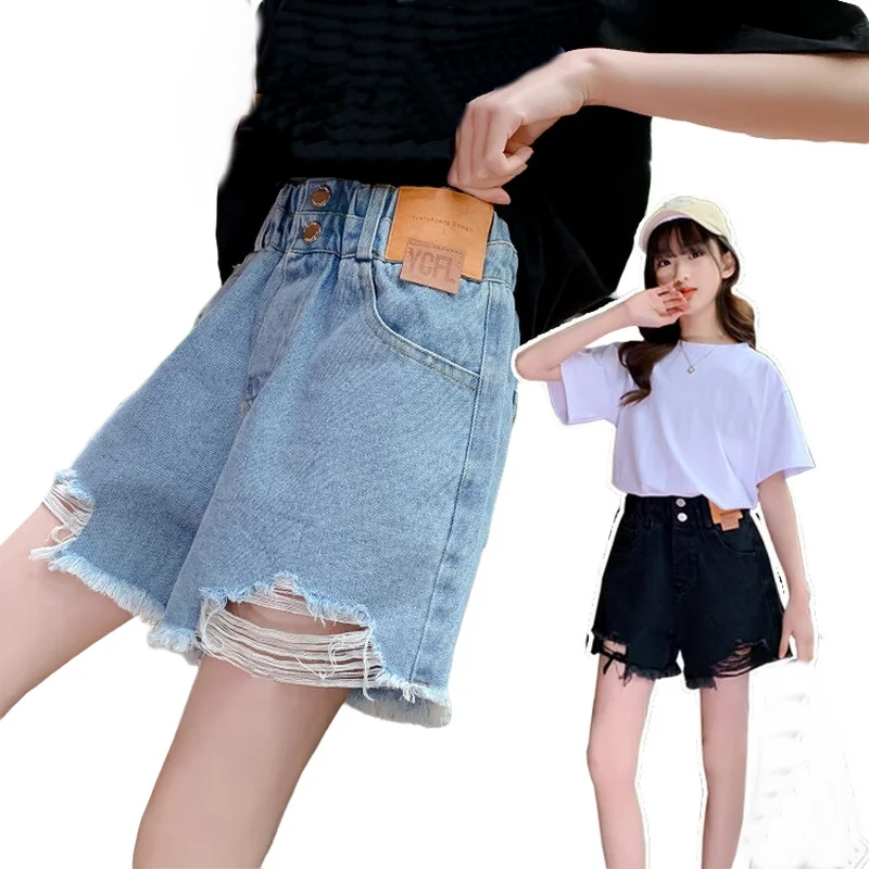 

Kids Girls Summer Shorts Retro Ripped Hole Casual Style Elastic Waist Jeans Children Clothes For 6 8 10 12 14Years Old Teenager