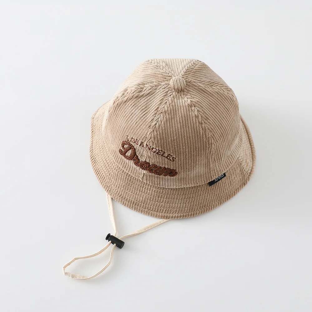 Baby Solid Color Sunscreen Hat Boys Keep Warm Corduroy Fisherman Hats Girls Sun Protection Letter Embroidery Bucket Cap Outdoor view 5