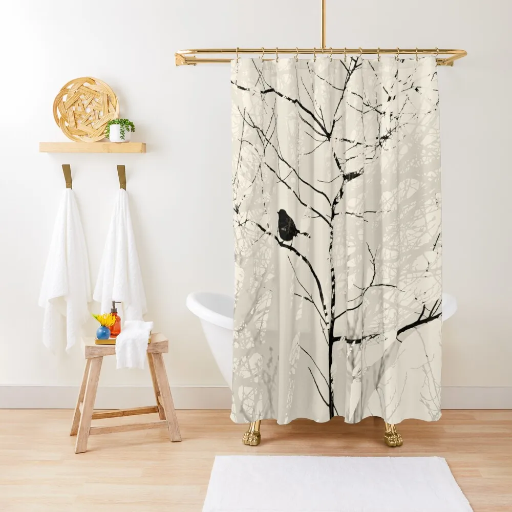 

Mockingbird in Tree Black Cream Silhouette Shower Curtain Waterproof Shower Luxury Bathroom Shower Bath Curtain