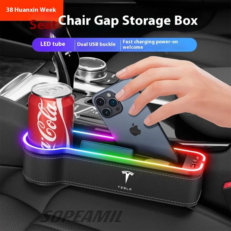 

Car USB Colour Lamp Seat Multifunctional Storage Case Seat Gap Box For Tesla Cyberbeast Model 3 Model Y Model S Model X Roadster
