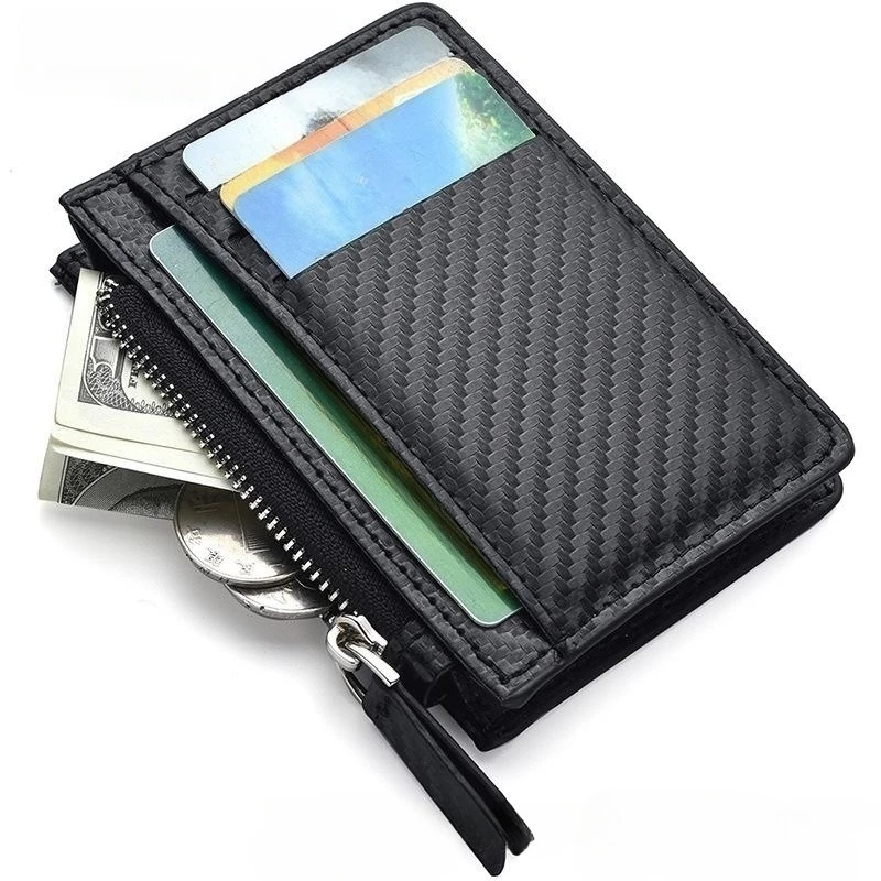 Men's Slim Minimalist Front Pocket Wallets Zipper Credit Card Holder Portable Leather Wallets