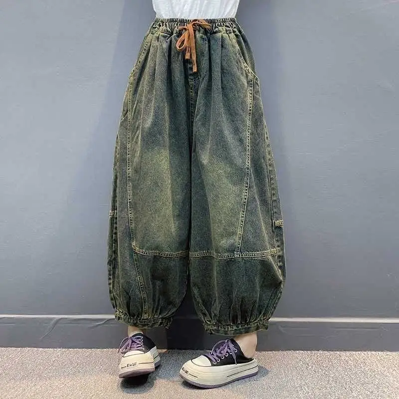 Women's Spring Autumn Oversized Jeans Cowboy Pants Wide Leg Elastic Waist Doing Old Big Size Vintage Loose Casual Soft Versatile