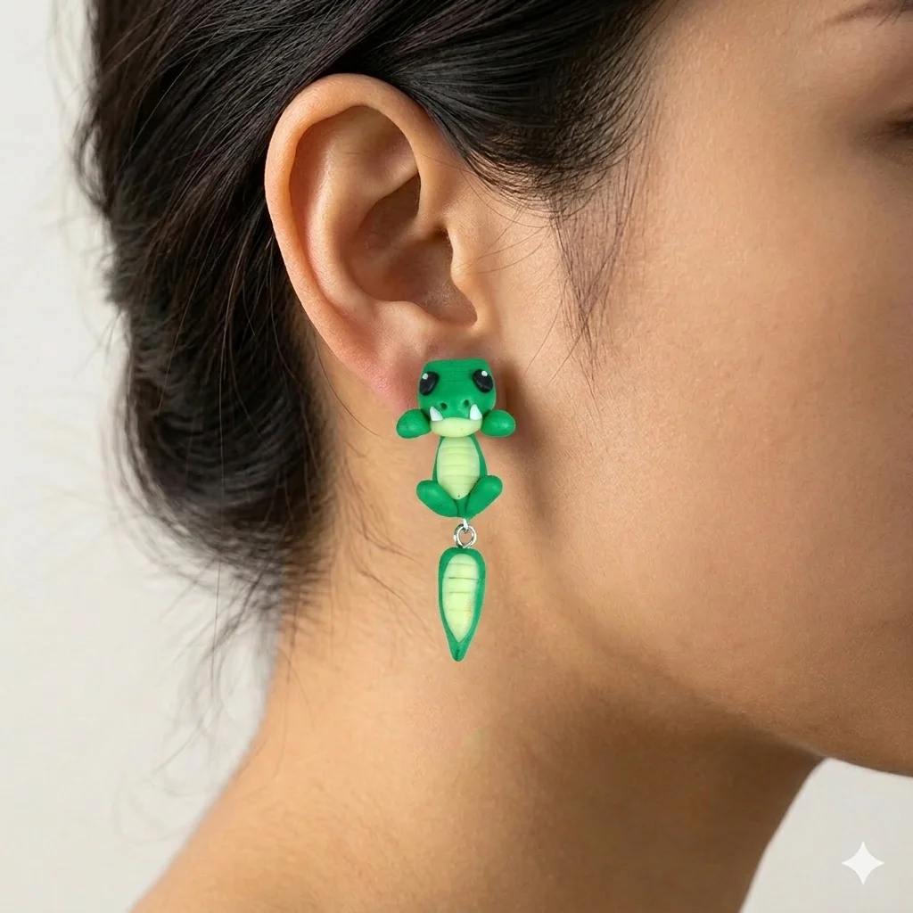Handmade 3D Crocodile Polymer Clay Stud Earrings For Women Men Cute Alligator Front Back Ear Jackets Kawaii Wild Animal Earrings
