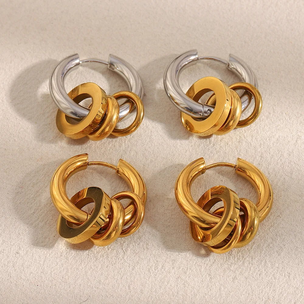 

Minimalist Stainless Steel Irregular Three Circle Hoop Earrings for Women 18K Gold Plated Two Color Geometric Statement Jewelry