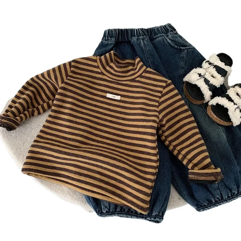 2026 New Children Thickened Stripe Tops Boys Girls Turtleneck Warm Long Sleeve Fleece Pullover T-shirt Winter Kids Clothes A2611