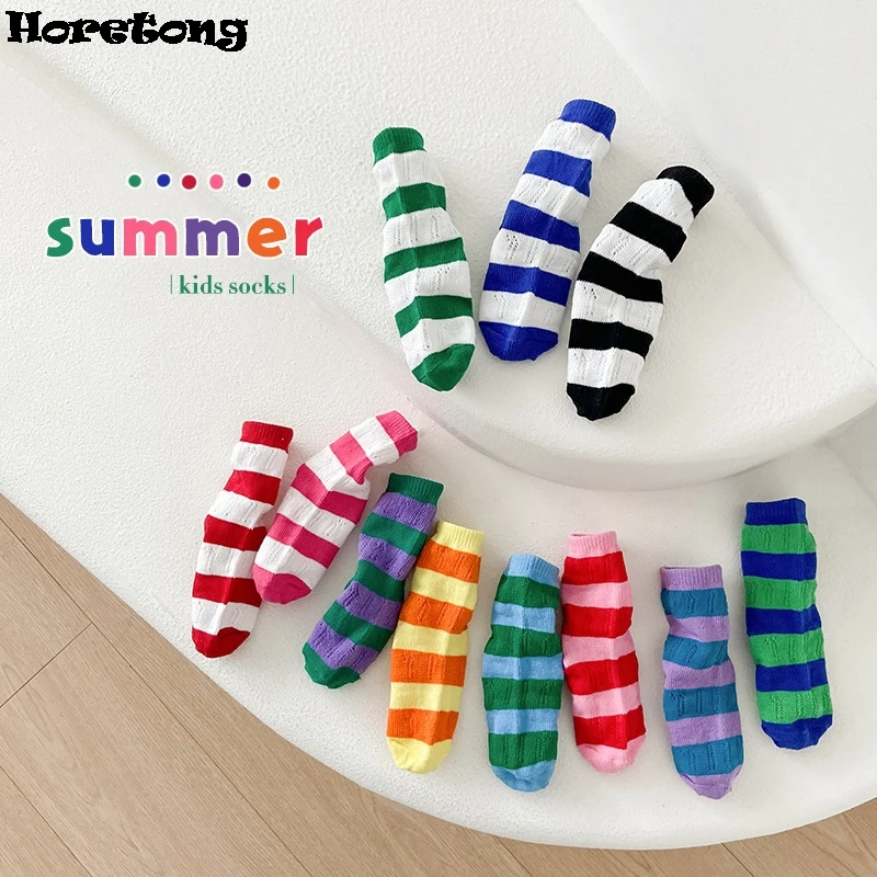 Horetong 3 Pairs/Lot Summer Children Socks For 1-12 Years Boys Girls Baby Cotton Fashion Breathable Striped Contrast Color Socks