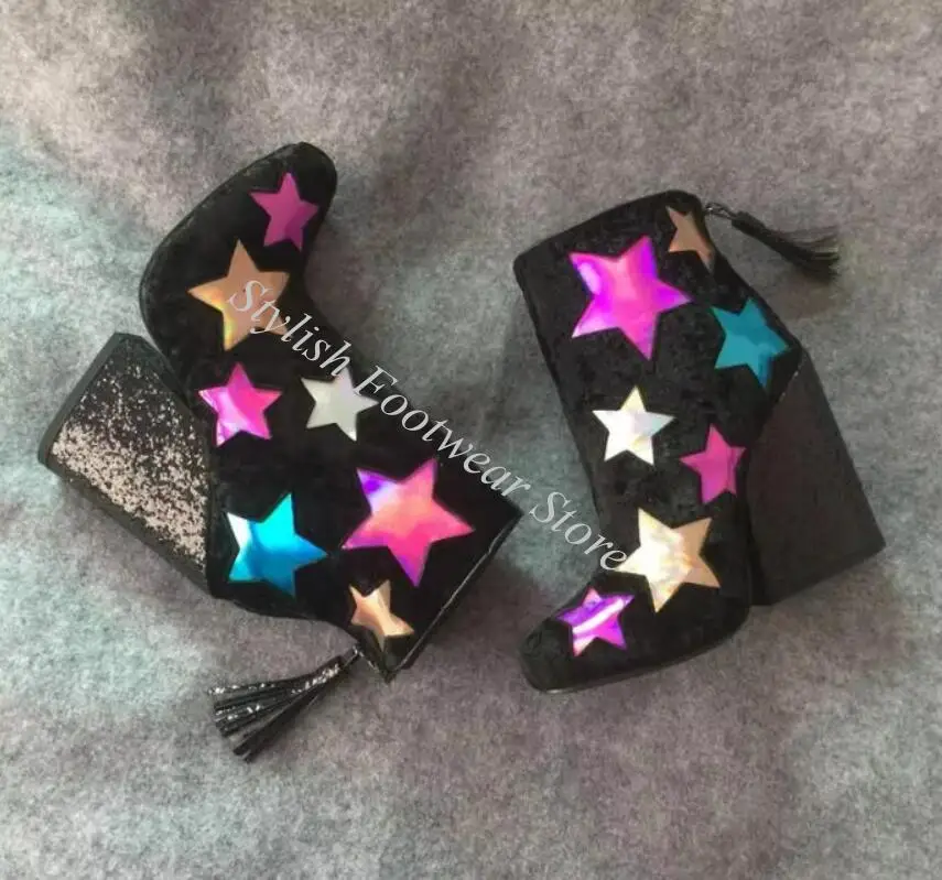 Women Glitter Multi Star Lighting Patchwork Black Whitesequins Ankle Boots Chunky High Heels Zipper Tassel Spring Party Booties