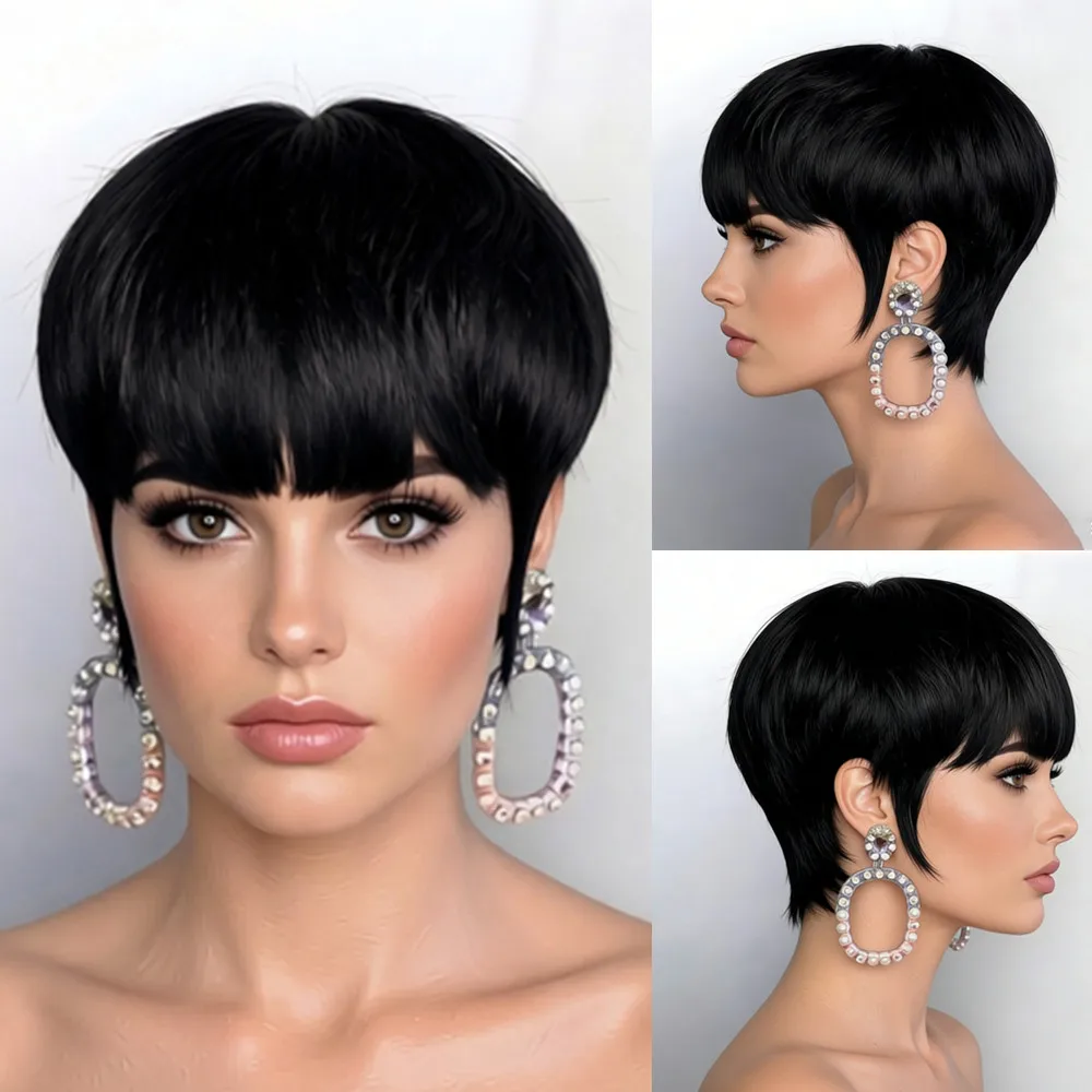 

Парик пикси черного цвета для женщин, парик для повседневного использования и вечеринок, парик с стрижкой пикси, короткий прямой парик из натуральных волос, машинной работы.