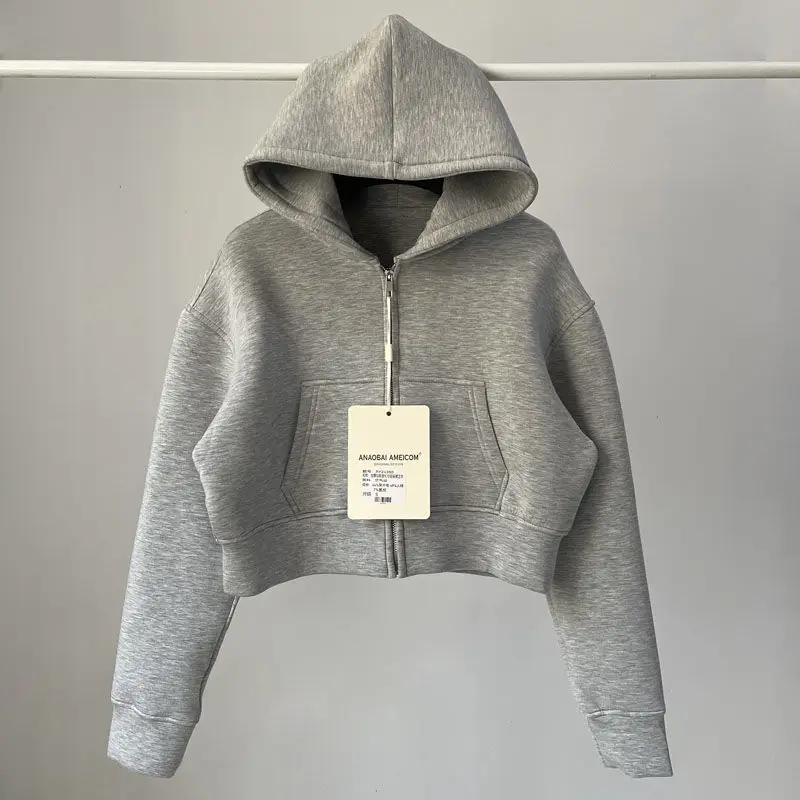 Trendy American Hot Girl  Color Air Layer Loose Hoodie Women Spring Autumn Sports Belly Show Short Top Street Style