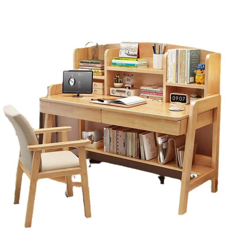 

Solid wood children's study table, desk and bookshelf integrated, student home, bedroom, junior high school writing table