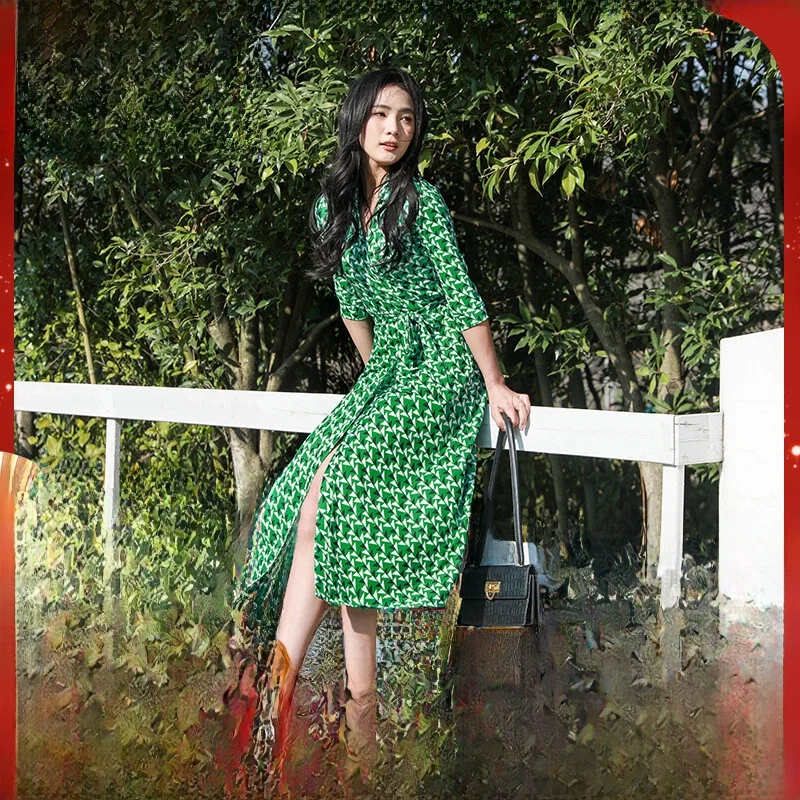 

Spring een e Geometric Pattern Printed Wrap Chest Turn-down Collar Waist-cinching Belt Women's Dr