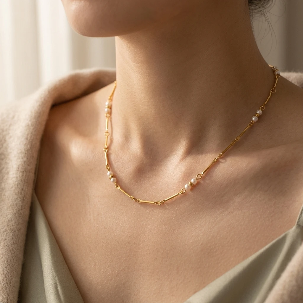 Miia Jewelry 18K Gold Stainless Steel Bamboo Link Necklace Stainless Steel Spaced Imitation Pearl Beaded Chain For Women