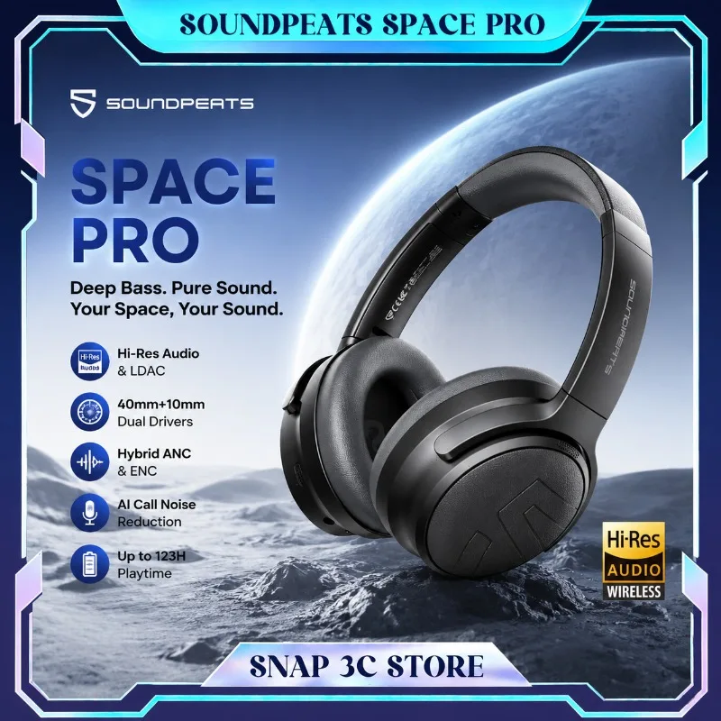 Auriculares Inalámbricos SoundPEATS Space Pro Over-Ear con Cancelación de Ruido ANC, Audio de Alta Resolución, Auriculares para Juegos con Micrófono, Regalos
