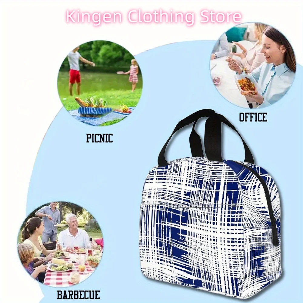 Reusable Lunch Tote Bag - Large Capacity, Oxford Fabric, Blue & White Abstract Design, Perfect for Work, Picnics, and Travel