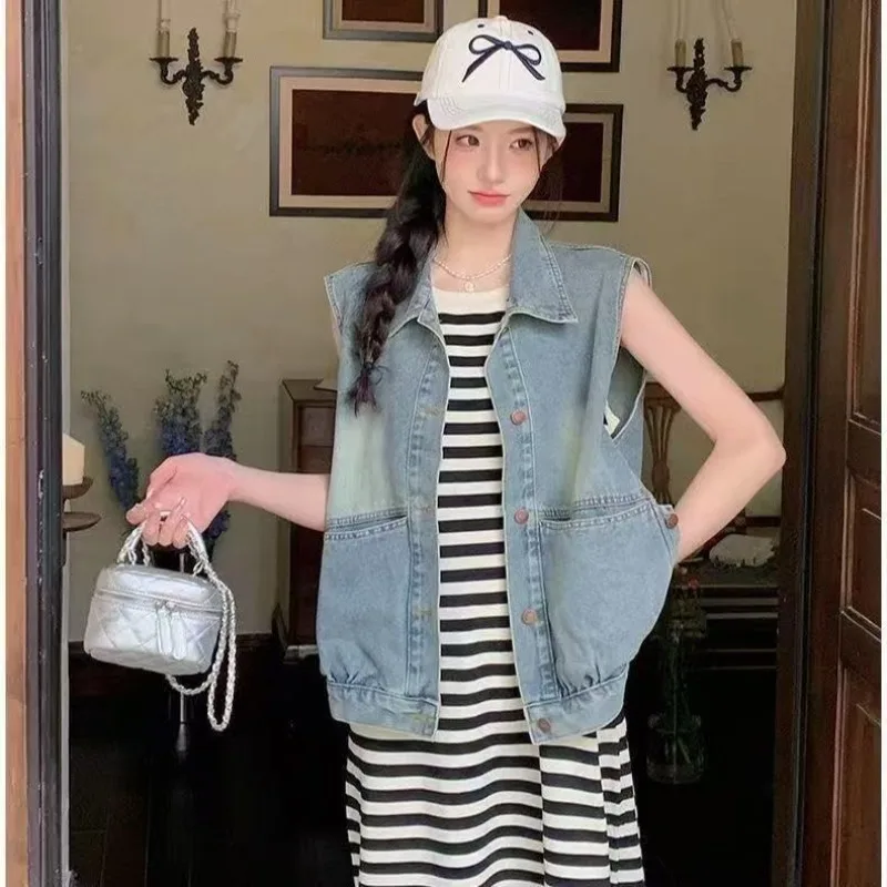 2026 Spring And Summer New Retro Denim Pocket Vest Jacket Fashionable Versatile Loose Sleeveless Top Outside Denim Jacket
