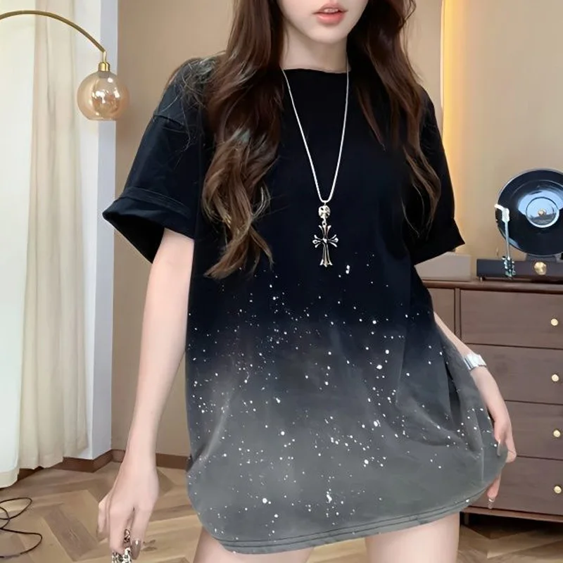 2023 Summer Fashion Minimalist Round Neck Front Shoulder Niche Black Tie Dyed Gradient Mid Length Casual Loose Fitting T-shirt