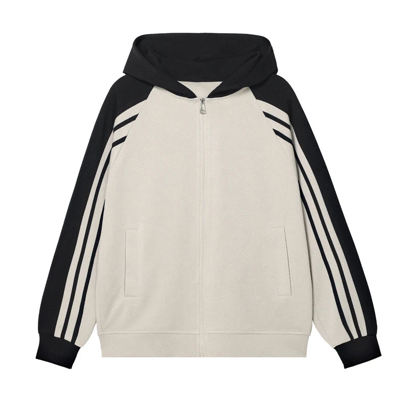 Spring Hoodie Korean Style Oversize Contrast Color Hooded Jacket Trendy Waffle Colorblock Zip Outwear Loose Fit Men Women Hoodie