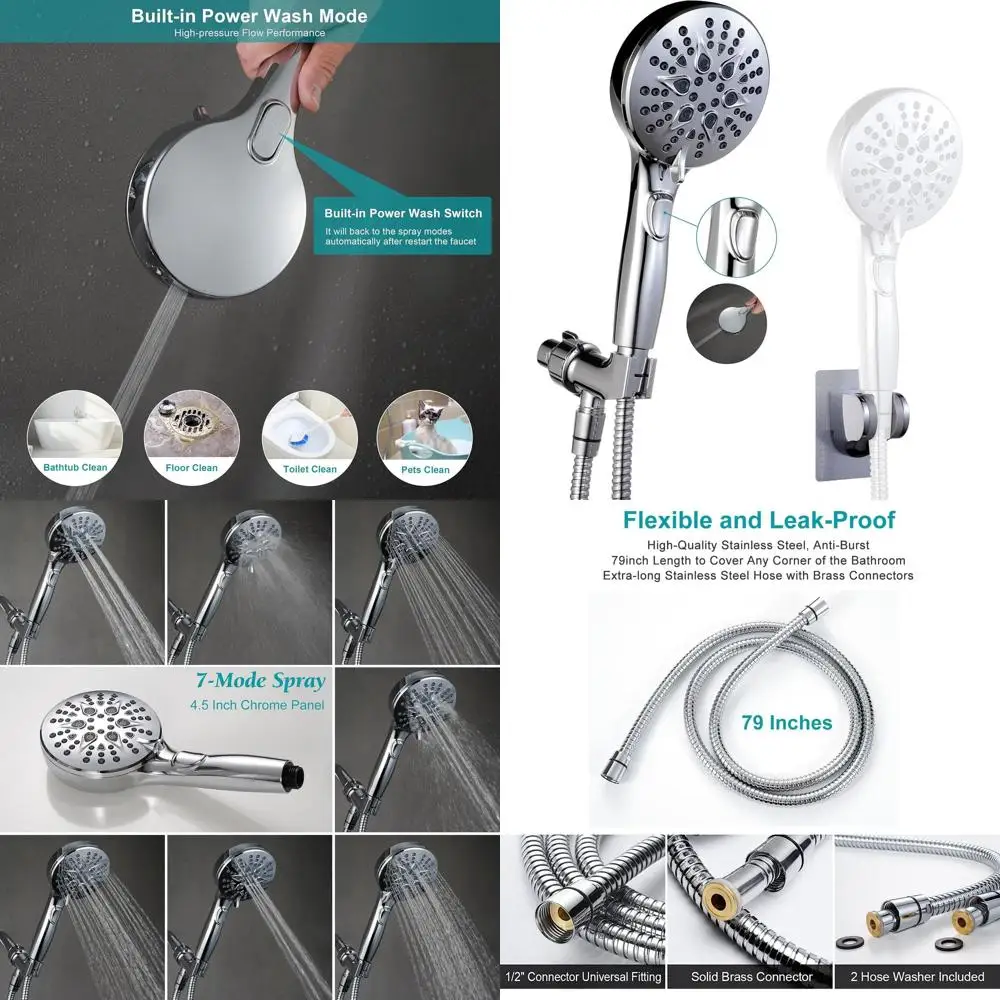 عصا دش عالية الضغط 7 وظائف مع رذاذ طاقة، 79 خرطوم، دعامة، وحامل إضافي، كروم