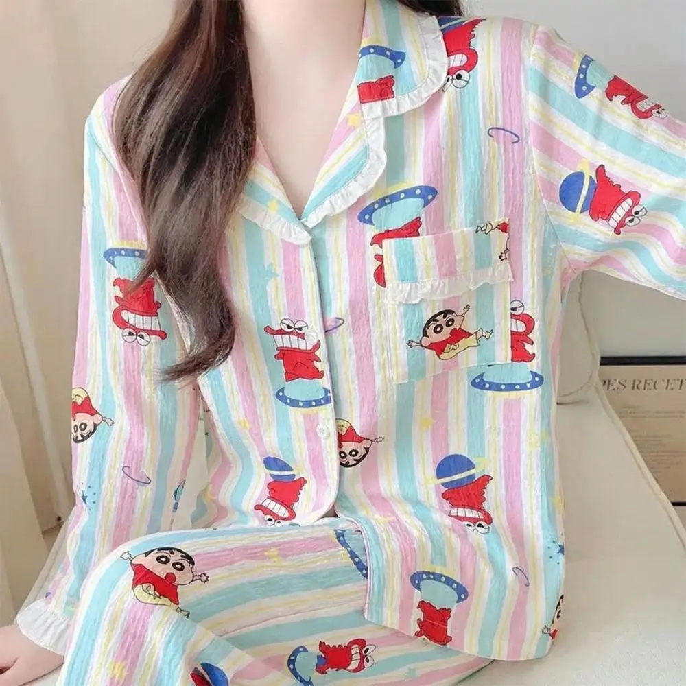Crayon Shin-Chan Woman's Pajamas Thin Long Sleeve Pants Two-Piece Cartoon Home Clothes Cute Girls Sweet Sleepwear Comfortable