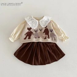 2023 Autumn Kids Baby Girls Academic Style Clothing Set 3pcs - Children Knitted Cartoon Vest+lace Collar Shirts+pleat Skirts