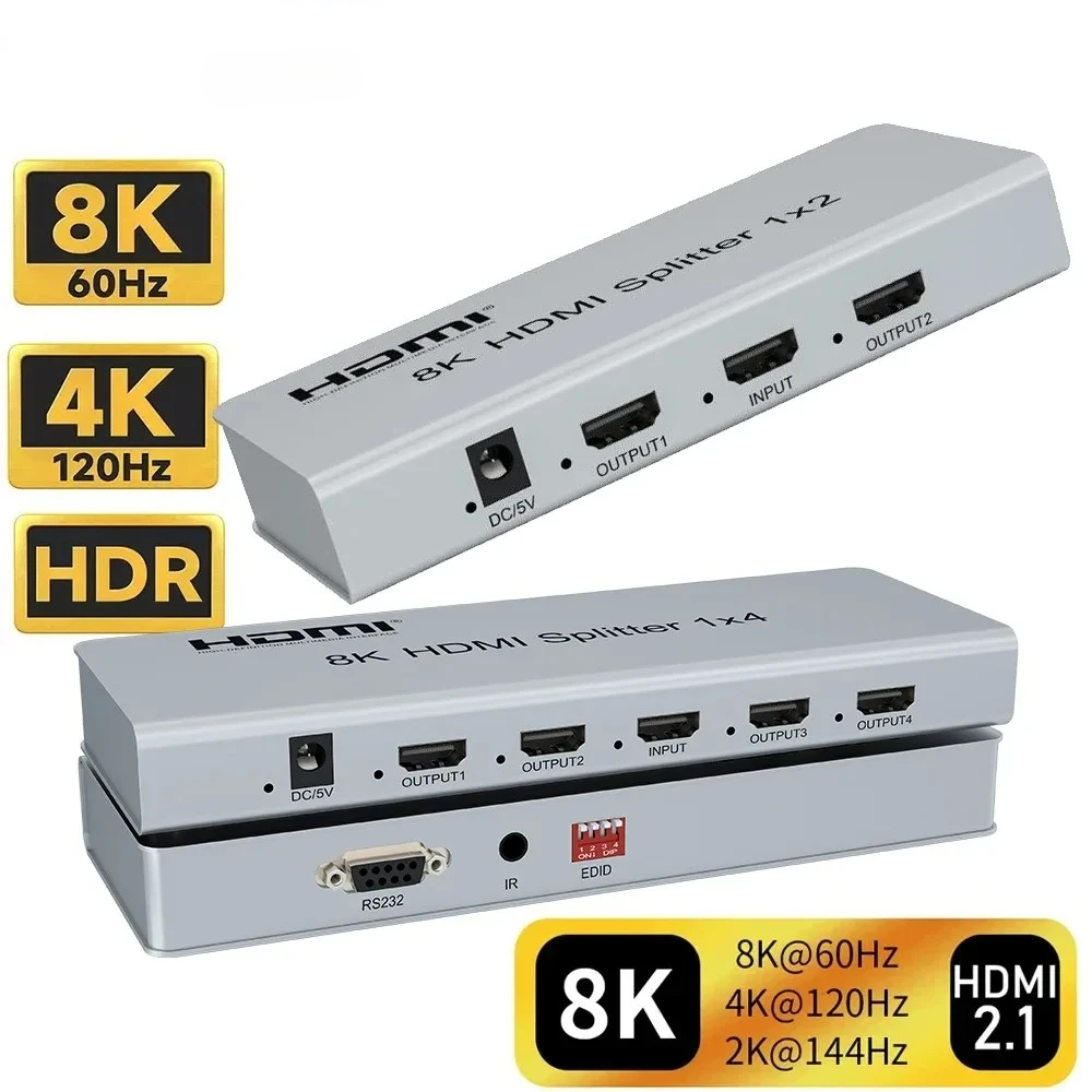 8K HD 2.1 Splitter 1x4 8K@60Hz 4K@120Hz HDTV Video Splitter Duplicator 1 in 4 out HDR 48Gbps for Xbox PS4 PS5 TV PC Laptop