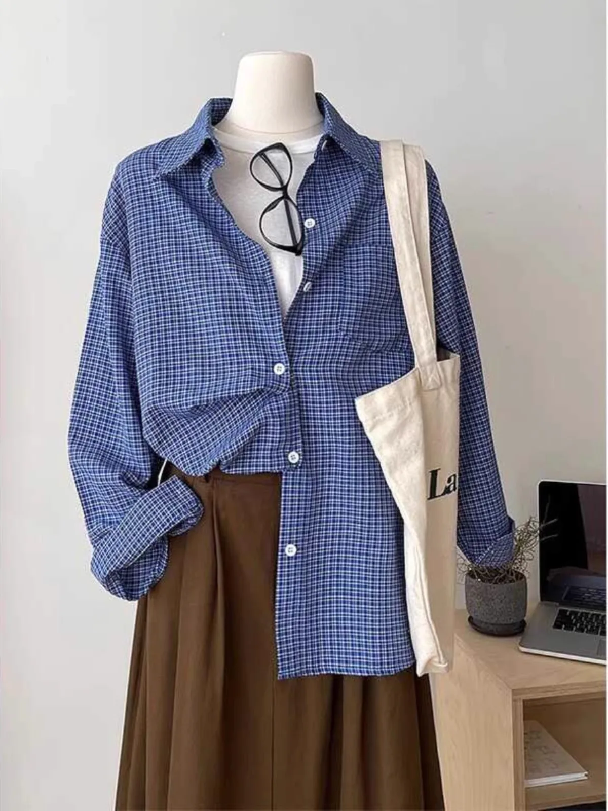 Retro Blue Plaid Men's Shirt Early Spring Lazy Style Loose Casual Layering Long Sleeve Shirt Jacket Trendy Youth Fashion