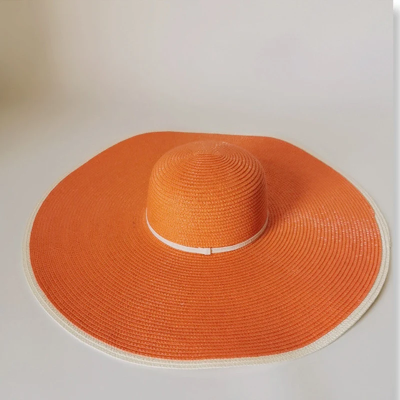 Sombrero de paja tejido a mano para mujer, gorro de playa con costuras de borde grande, 18cm, plegable, venta al por mayor