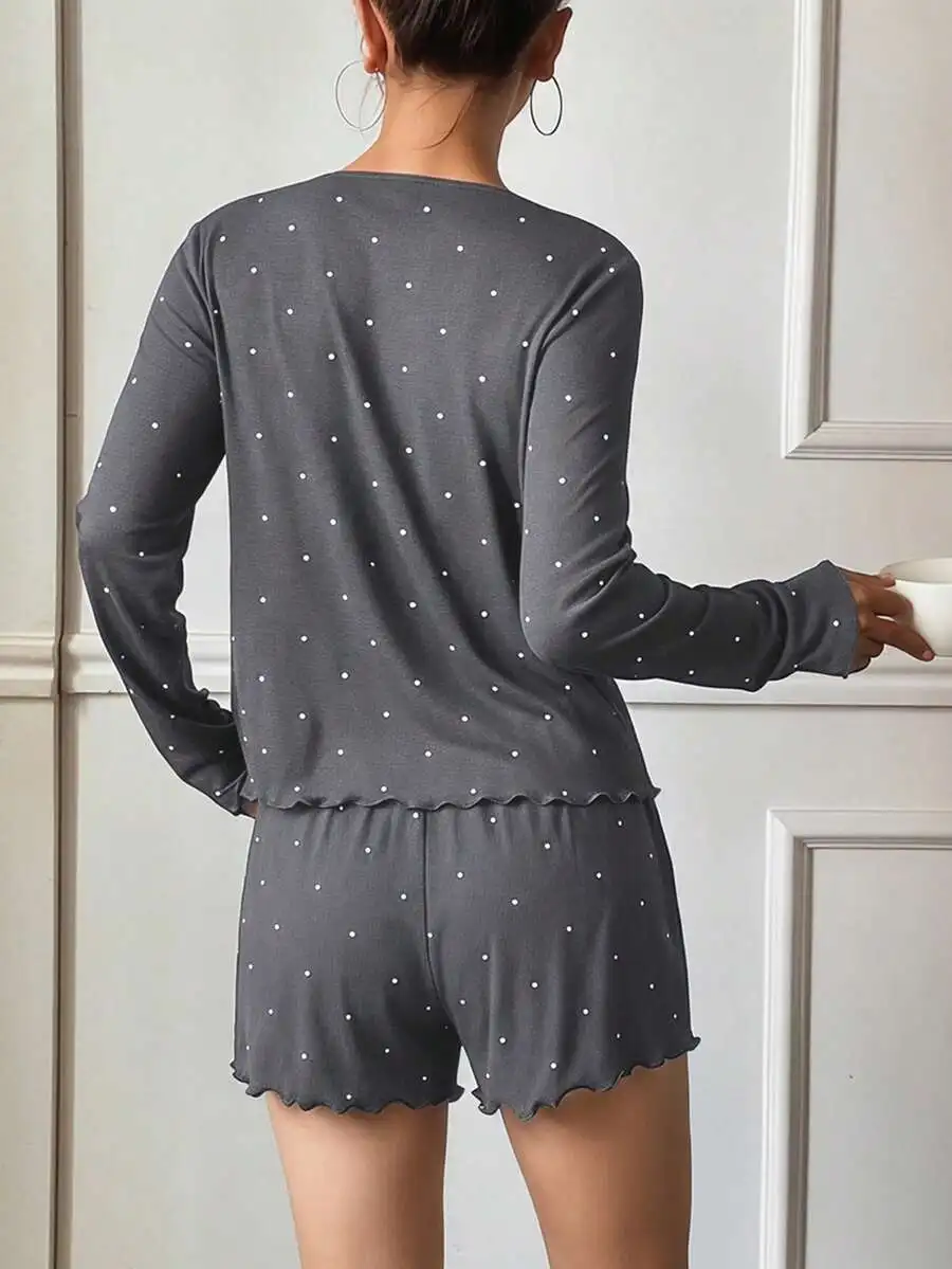 

Womens Polka Dot Print Long Sleeve Top And Shorts Pajama Set Summer