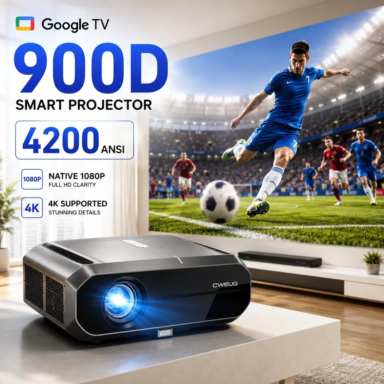 Proiettore 4200ANSI 900D con supporto 4K, risoluzione nativa 1080p
