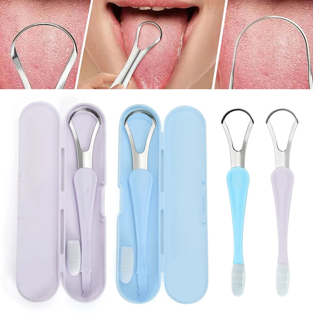 Dupla cabeça raspador de língua, aço inoxidável, reutilizável, ultra-fino, portátil, mais limpo, remover o mau hálito, Oral Care Tool, 1pc