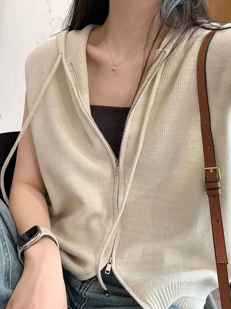 Fashionable Temperament Hood Drawstring Double Zipper Sleeveless Sweater vest  Overlapping Wear Top All-Matching Waistco...