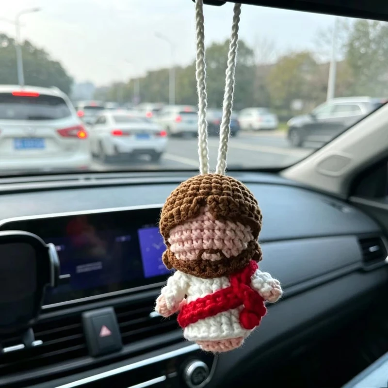 Handmade Crochet Jesus Car Mirror Hanging Ornament,Perfect Gift for Birthdays & Holidays,Personalize Your Vehicle Decor