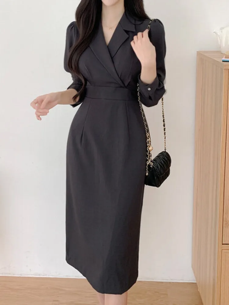 Ele automne longue Sve minceur Midi Dr femmes costume col taille cintrée jupe moulante Dr trajet convivial