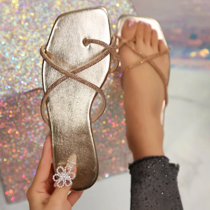 Clip Toe Gold Shiny Crystal Sandals Woman Glitter Strap Beach Sandals Women's Plus Size 36-45 Summer Trend Big Square Toe Shoes